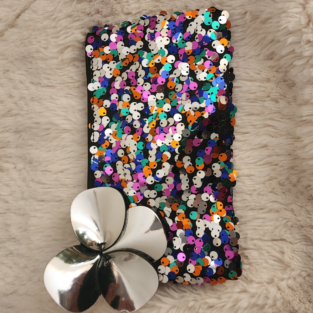 Multicolor Sequin Clutch with Silver Flower Accent